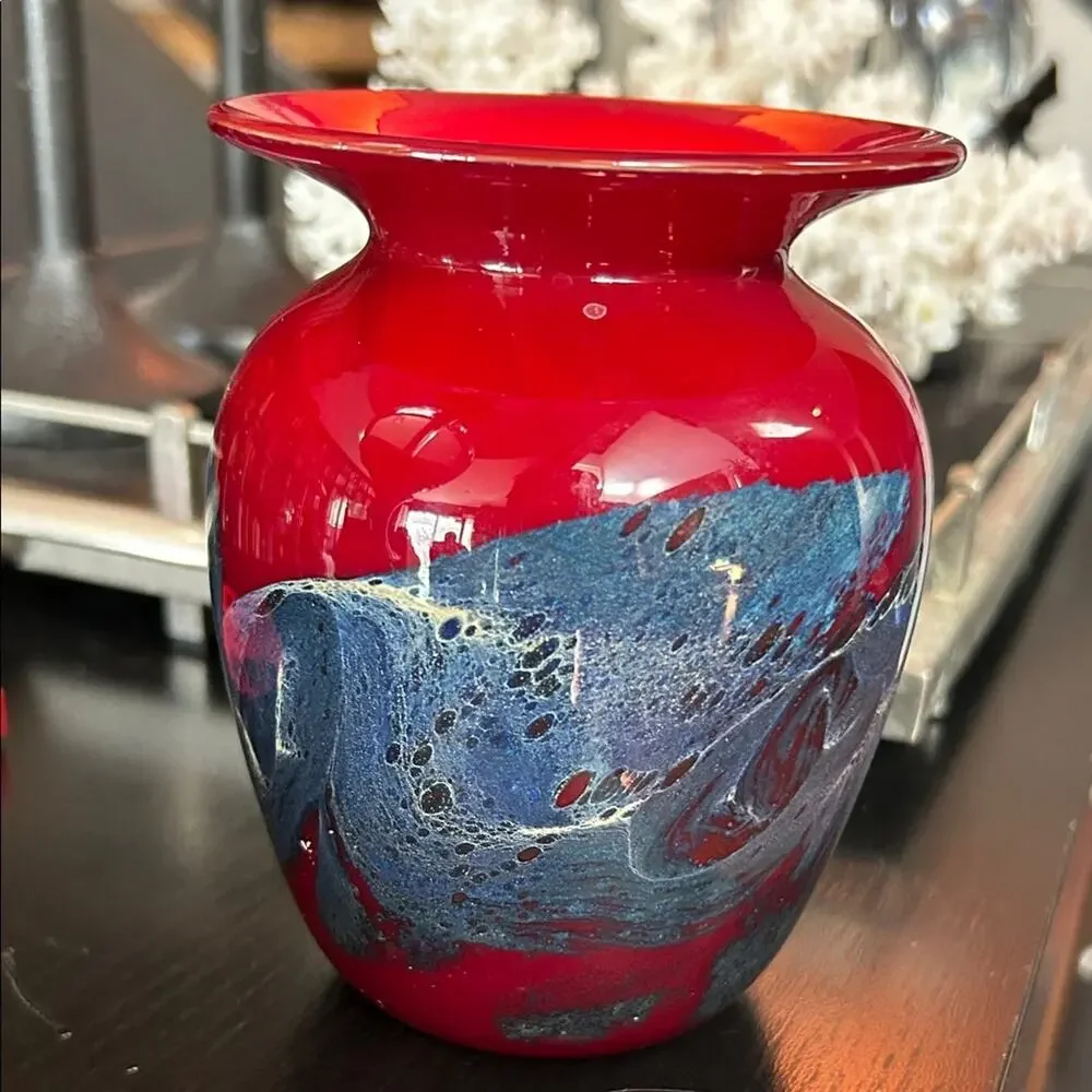Michael Nourot Vintage Red Art Glass Vase with Colored Swirl, Signed by Artist